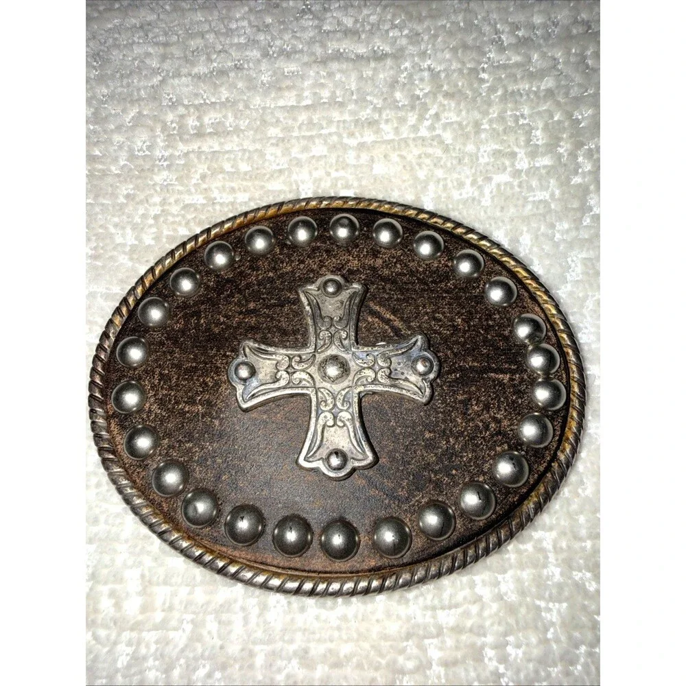 Western Cross Leather Belt Buckle Studded Engraved Oval Made In Spain 2.7 in